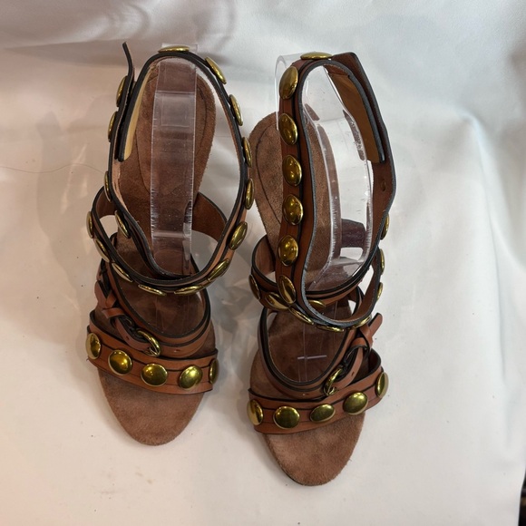 JEROME DREYFUSS Sz 39 Heeled Sandals Metallic Studs Leather Strappy Ankle - Picture 5 of 10